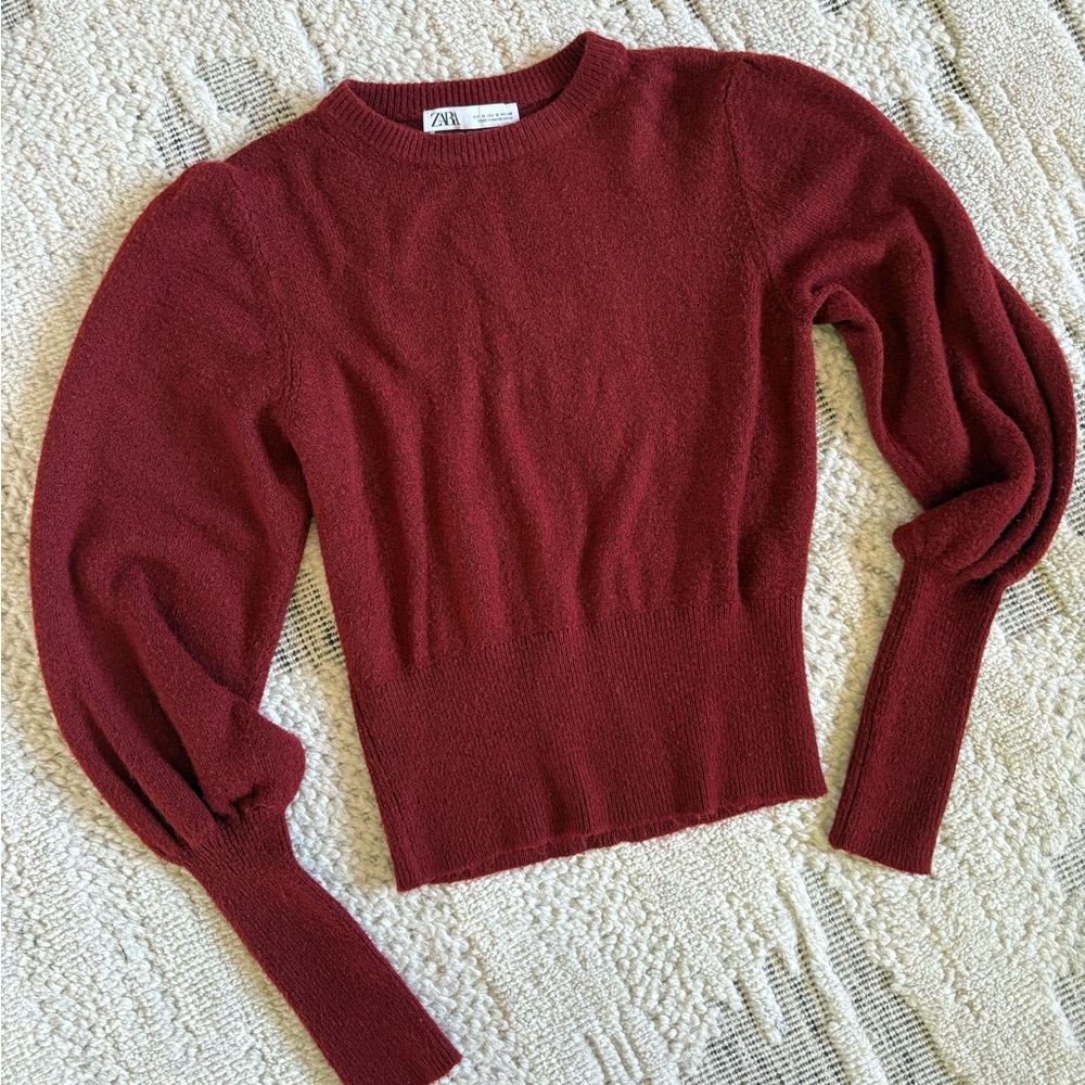 Zara Women's Cranberry Crew Neck Sweater with Balloon Sleeves